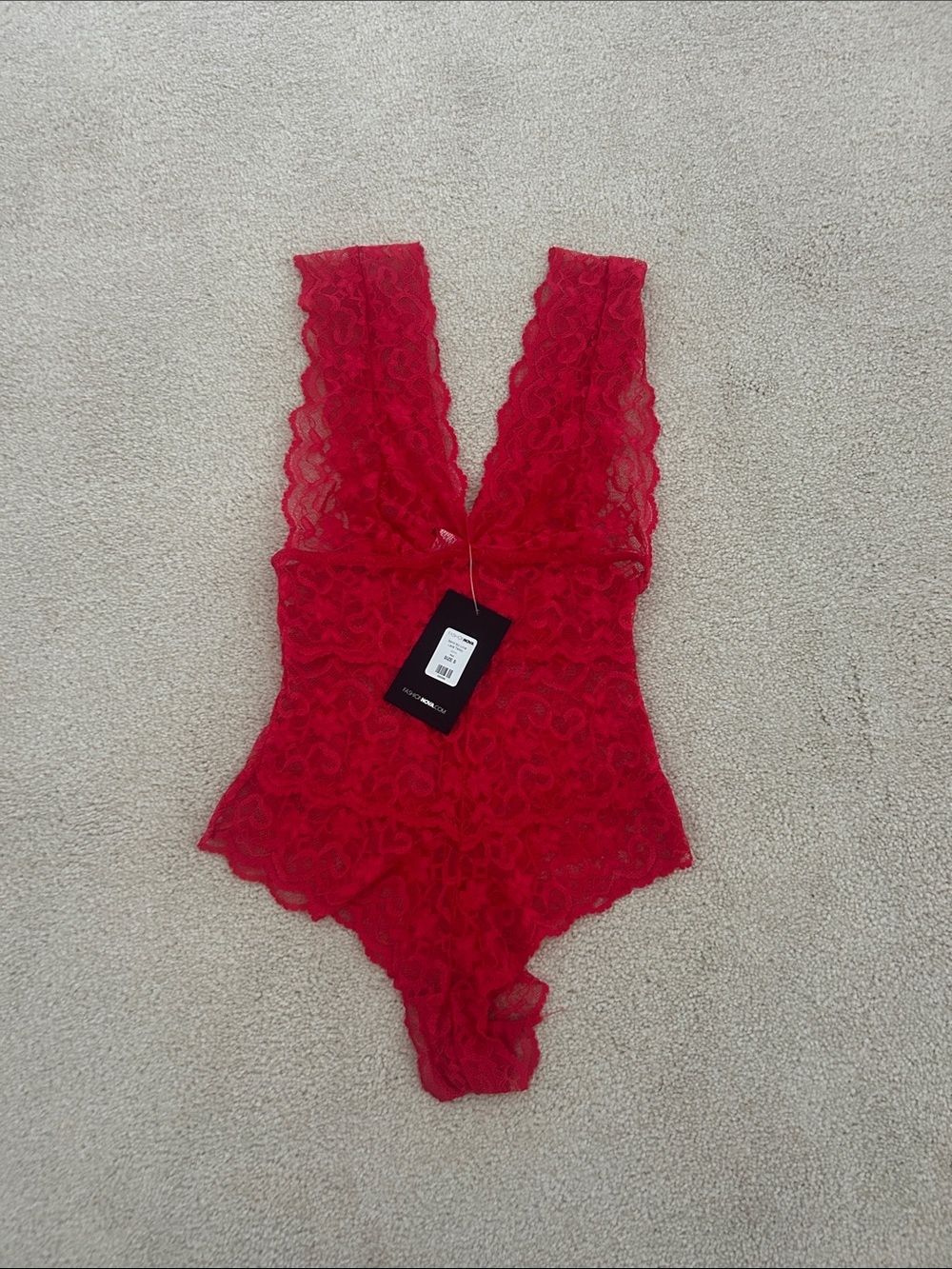 Fashion Nova Red Lace Plunge Bodysuit
